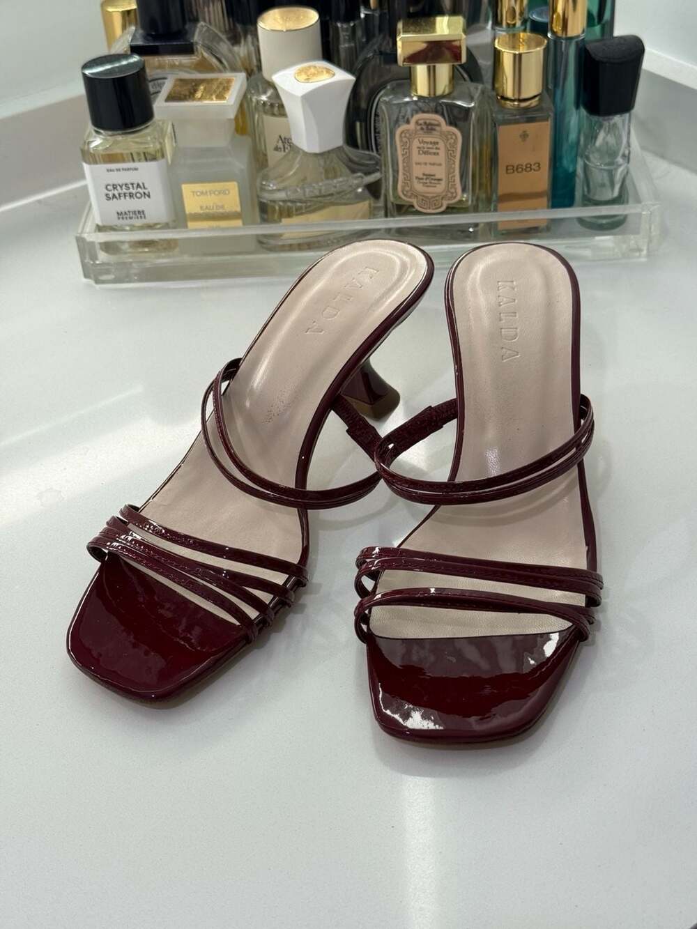 Kalda Burgundy Patent Leather Strappy Stiletto Sandals Sz 38